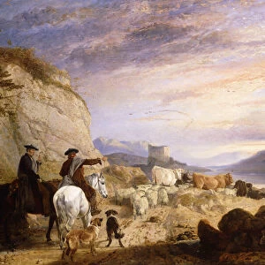 Highland Drovers and Dogs Driving their Sheep and Cattle in a Rocky Wooded Landscape