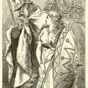 Hilda carrying her Fathers Sword and Shield (engraving)
