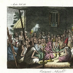 Hindu brahmin marriage ceremony or Bibaha held in the wife's house. Handcoloured copperplate drawn and engraved by Andrea Bernieri after Francois Solvyns from Giulio Ferrario's Ancient and Modern Costumes of all the Peoples of the World