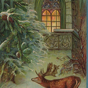 Historic Christmas Card with a Winter Motif with Stag and Church, 1890