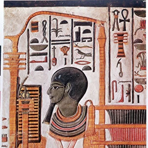 History. Ancient Egypt. Ptah, deification of the primordial mound in the Ennead cosmogony. Fresco in the tomb of Nefertari in the Valley of the Kings, Ancient Egypt. (fresco)