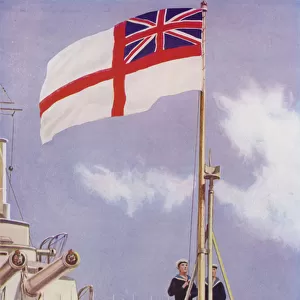 Hoisting the White Ensign on board a British warship (colour litho)