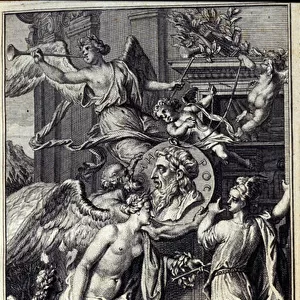 Homeres genie, holding his Iliad and his Odyssee, and led by heroic poesy