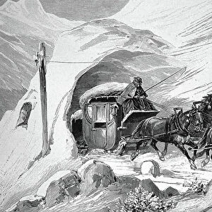 Horse-drawn carriage driving through a snow tunnel on the Albula Pass, Albula Pass