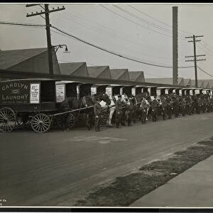 Horsedrawn delivery wagons parked outside the Carolyn Laundry at 111 East 128th Street