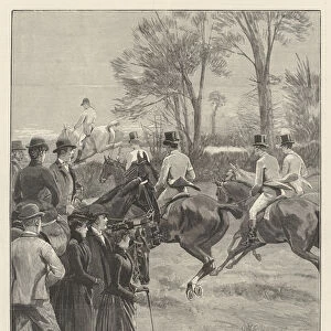 House of Commons Steeplechase at Rugby, 29 March, Rush at the First Fence, Mr A E Pease, MP, leading with Norah Creina (engraving)