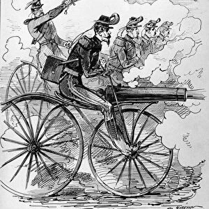 Humorous engraving: Velocipedomania applied to machine guns - 19th century