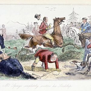 Hunter falls from his horse. English cartoon from the adventures of Thomas Scott or