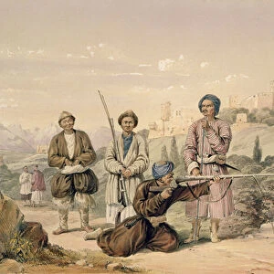 Huzzarehs firing with Juzzaeels, from Characters and Costumes of Afghuanistan