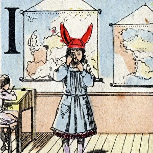 Ignorant girl letter I with a donkey cap. ABC of the little girls. Epinal imaging, 1875