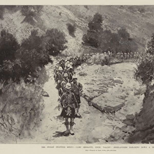 The Indian Frontier Rising, Camp Sheranni, Tochi Valley, Highlanders marching down a Defile (litho)