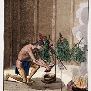 Indian Knisteneau emptying the bag of remedies for the calumet ceremony, 1811