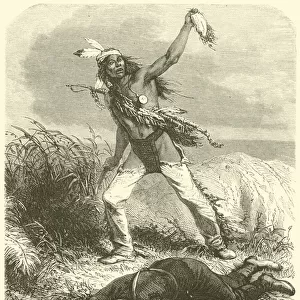 Indian scalping his dead enemy (engraving)