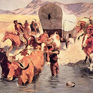 Indians attacking a pioneer wagon train (oil on canvas)