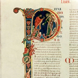 Initial letter P Prevaricatus Moab, from the Winchester Bible, c. 1150-80 (vellum)