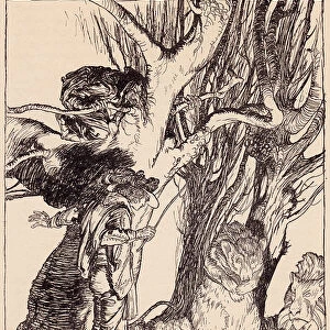 Instantly they lay still all turned into stone. Illustration by Arthur Rackham from Grimm's Fairy Tale, The Two Brothers