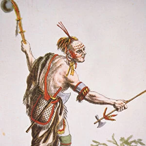 Iroquois warrior with ball headed club, 1787 (colour litho)