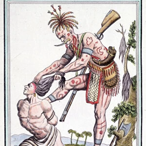 Iroquois warrior scalping his enemy - in "Encyclopedia of travels"