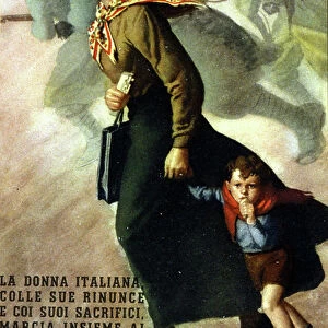 Italian poster by Gino Boccasile (1901-1952). 1943. "The Italian woman with her renunciations and sacrifices advances alongside the combatants