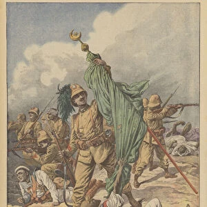 An Italian soldier seizing a Muslim flag during a battle beneath the wars of Tripoli (colour litho)