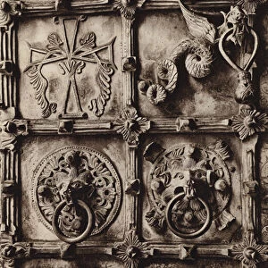Italy: Troia, Porta di bronzo della Cattedrale (b / w photo)