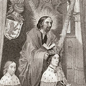 James III of Scotland, 1451 - 1488, on his knees praying with his son the future James IV of Scotland, 1473 - 1513, behind him. St. Andrew is shown placing a crown on the head of James III