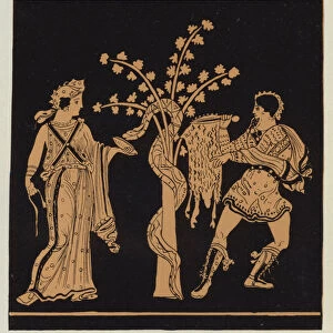 Jason, helped by Medea, taking the golden fleece (colour litho)