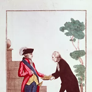 Jean Sylvain Bailly (1736-93) presenting Louis XVI (1754-93) with the keys to the city of Paris, 17th July 1789 (coloured engraving)