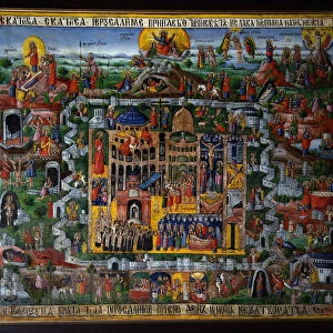 Jerusalem (Israel). Representation de la ville de Terre Sainte, avec les lieux de la vie de Jesus de Nazareth tels que decrits dans la Bible (montee au Temple, passion)