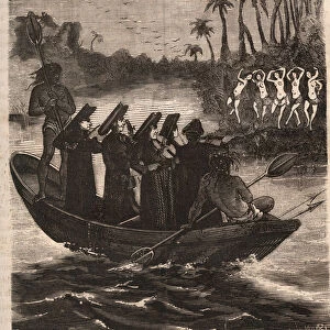 Jesuit missionaries arrive by boat among the Guarani Indians in Paraguay in 1553