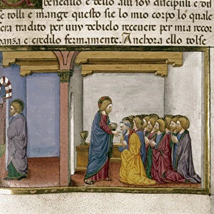 Jesus gives bread to the apostle, symbol of his body, while Judas comes out Miniature