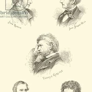 John Ruskin, John Stuart Mill, Thomas Carlyle, James Anthony Froude, Hugh Miller (engraving)