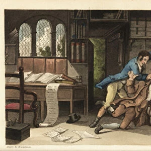 Johnny assaulting Lawyer Gripe-all in his office after being cheated of 100 pounds. Handcoloured copperplate engraving by Thomas Rowlandson from William Combes The History of Johnny Quae Genus, the Little Foundling of the late Doctor Syntax