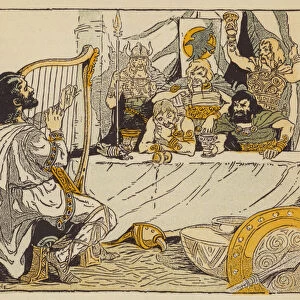 King Alfred in the camp of the Danes in the guise of a minstrel (colour litho)