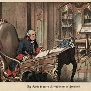 King Frederick the Great of Prussia in his study at Sanssouci (colour litho)