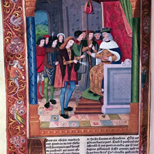 King Gontran of Bourgogne designates his nephew Childebert II as his successor, miniature from the Chronicles of France, printed by A. Verard, Paris, 1493 (hand-coloured print)