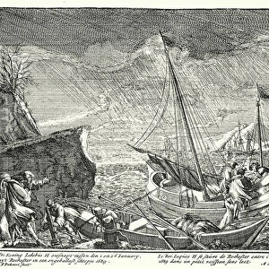 King James II flees England, leaving Rochester in a small boat, 1689 (engraving)