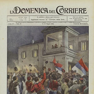 King Nicholas called to the Verone of the Palace in Cetinje by the delirious people at the news of the surrender... (colour litho)