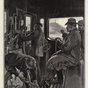 The King and Queen in Scotland, His Majesty and the Duke of Sutherland riding on an Engine (litho)
