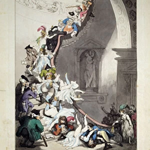L escalier de l exposition (Exhibition staircase). Groupe d amateurs d art se precipitant dans un escalier pour aller voir une exposition, occasionnant bagarres, bousculades et chutes. Dessin de Thomas Rowlandson (1756-1827)