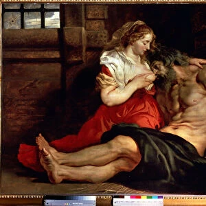 La charite romaine (Roman charity). Une femme allaite un homme en prison et enchaine. Cimon condamne a mourir de faim en prison se nourrit du sein de sa fille Pero