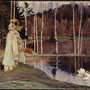La double harmonie (Dual Harmony). Un couple en costume et maquillage de theatre, regarde le ciel pres d un lac sur lequel un couple de cygne nage tranquillement. Peinture de Mikhail Vasilyevich Nesterov (1862-1942), huile sur toile, 1905