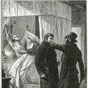 La mort de Fantine - Illustration from Les Miserables, 19th Century (b / w engraving)