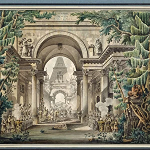 "La procession au temple"(Procession in a temple) Scenographie pour une piece de theatre. Aquarelle de Louis Jean Desprez (1743-1804) Musee Pouchkine, Moscou