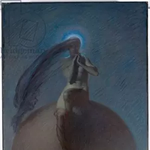 "La quete"(The Quest) Representation onirique, silhouette feminine posee sur un globe - Peinture de Lindsay Bernard Hall (1859-1935) vers 1905 - Oil on canvas Dim 154x94, 5 cm National Gallery of Australia, Canberra
