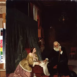 "La visite du medecin"Un docteur prend le poul d un enfant malade sous l oeil soucieux de sa mere. Peinture de Gustav Budkovski (1813-1884) 1859 State Art Museum, Nijni Taguil, Russie
