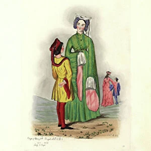 Lady of the nobility and her page, in the time of Henry V (1386-1422), after a royal manuscript. Lithograph by Charles Martin, engraving by Leopold Martin