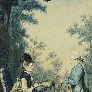 A Lady Seated on a Terrace Embroidering on a Tambour, with a Little Boy Standing in Front