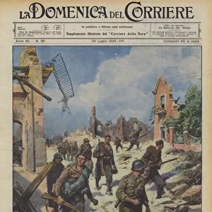 In the lands abandoned by the reds, between Teruel and the sea, the Spanish national troops, advancing... (colour litho)