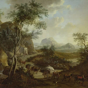 Landscape with a convoy of horses and carts (oil on canvas)